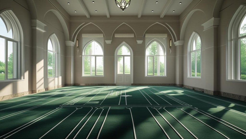 interior masjid kecil di dalam lingkungan perumahan, karpet masjid berwarna hijau tua dengan garis shaf rapi, cahaya alami masuk dari jendela, suasana damai dan tertata, langit langit rend (1)